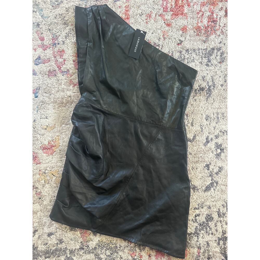 NEW LAMARQUE Corey Draped Lamb Leather One Shoulder Mini Dress Black Sz Large - Picture 5 of 13
